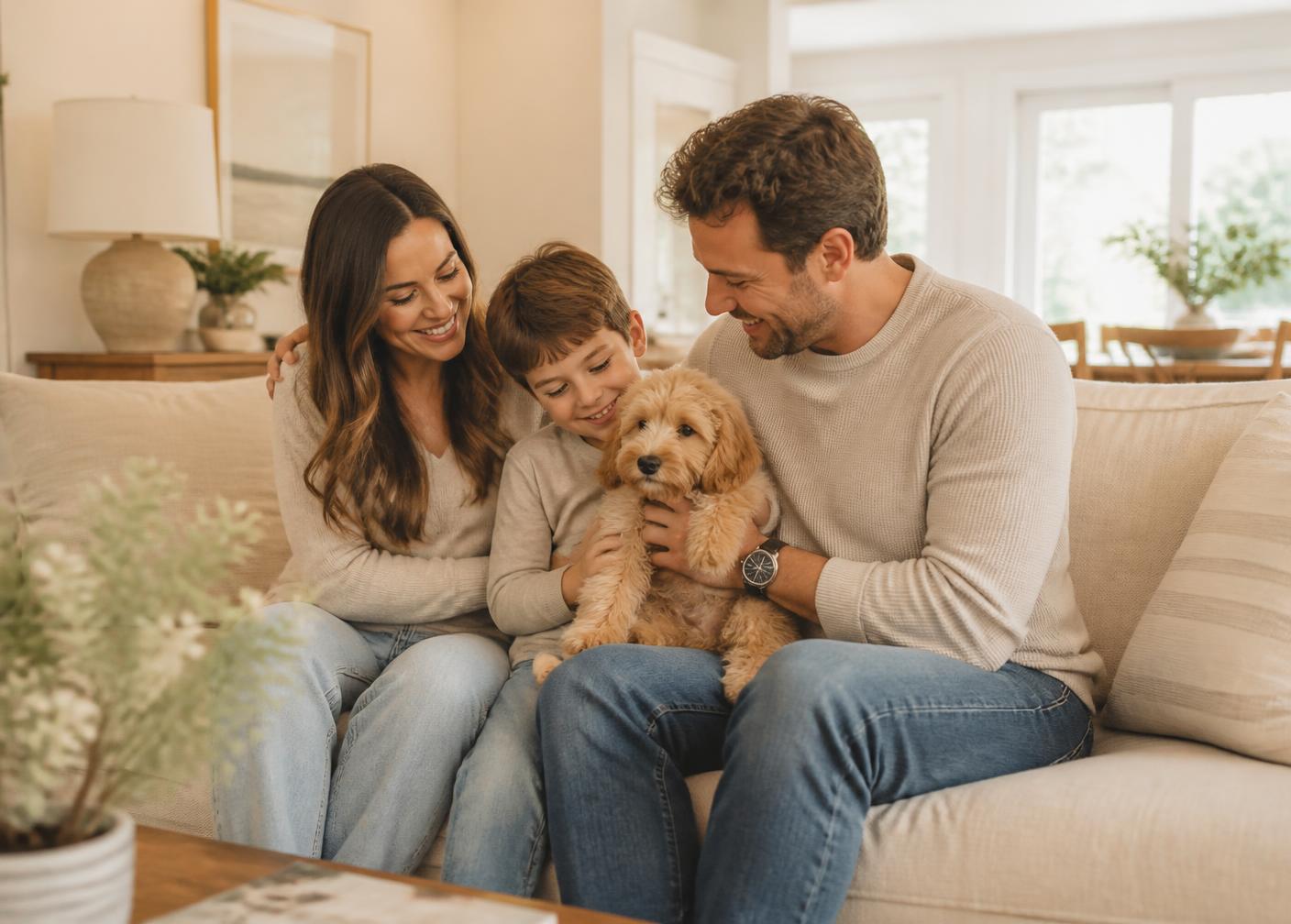 A family on a cream sofa holding a small puppy