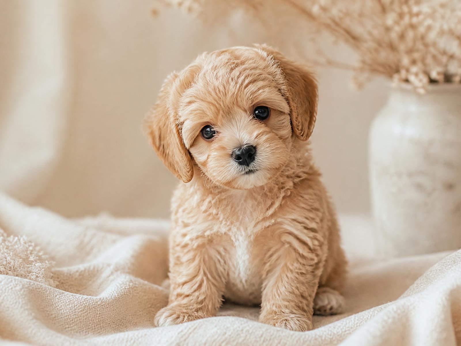 A small cream puppy sitting on an ivory blanket
